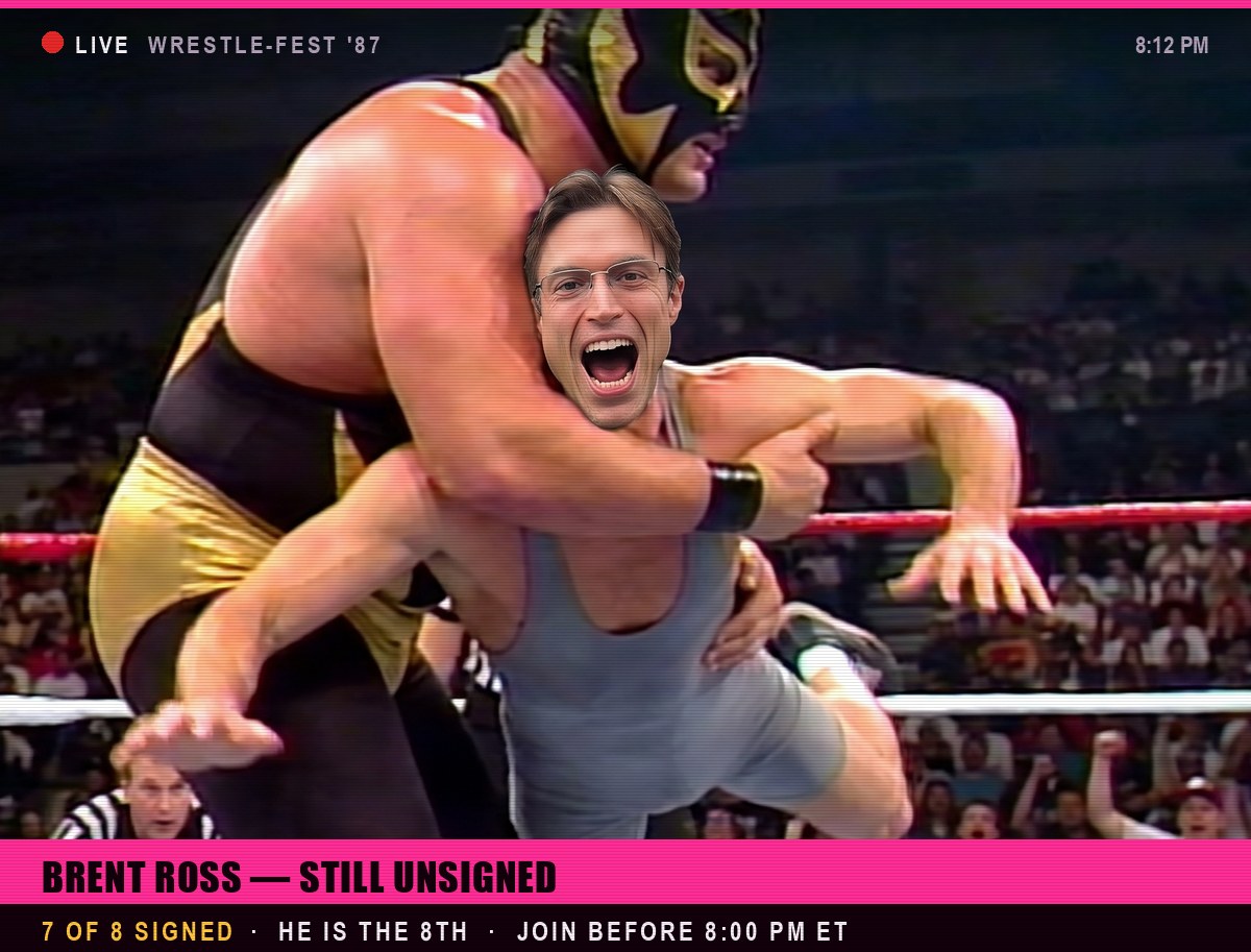 1987 broadcast still: Brent Ross in a grey singlet, hoisted and crushed in a bearhug by a masked heel. Lower third reads BRENT ROSS — STILL UNSIGNED. 7 of 8 signed, he is the 8th, join before 8:00 PM ET.