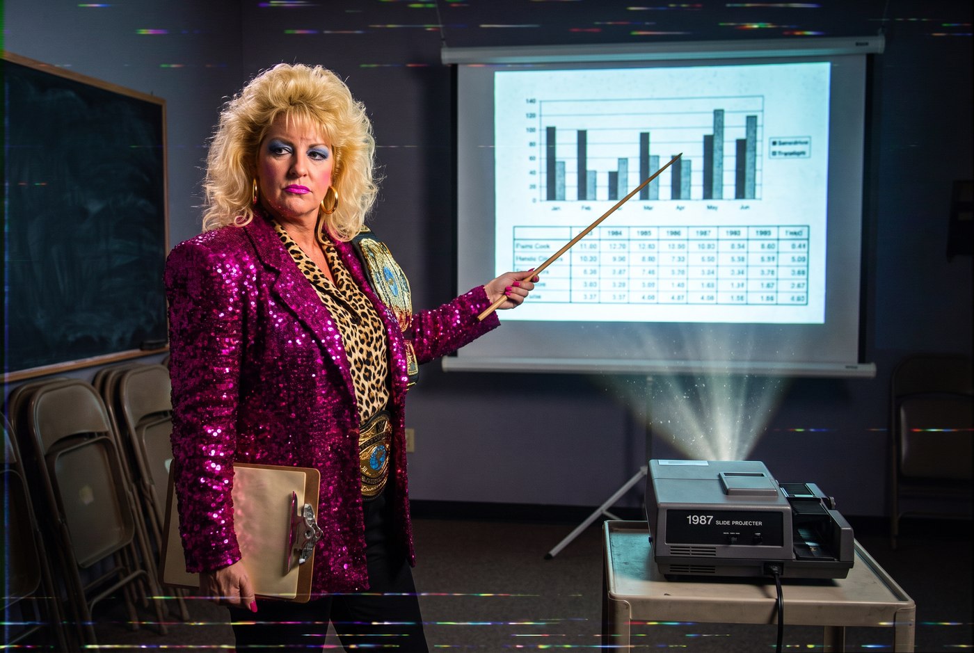 Vixen Vance in the league film room, pointer stick against a projection screen, looking flatly into the camera