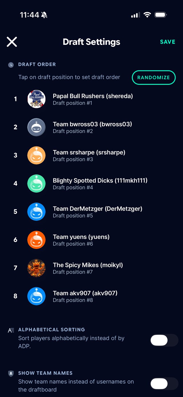 Sleeper draft settings screen showing the final randomized order, one through eight
